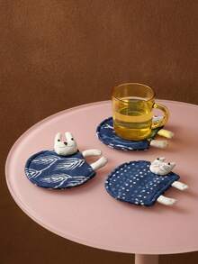 Joivida 1pc Hand-Dyed Kitten And Rabbit Coasters, Hand-Dyed Plant Blue-Dyed Fabric Coasters, Dry Tea Tray Coasters, Tea Ceremony Gongfu Tea Set Accessories - Multicolor - View 1