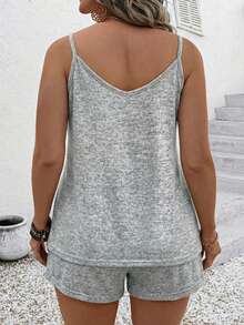 Selamara Nuevo conjunto de camiseta sin mangas y pantalones cortos con estampado floral gris para mujer de talla grande - Multicolor - Ver 2