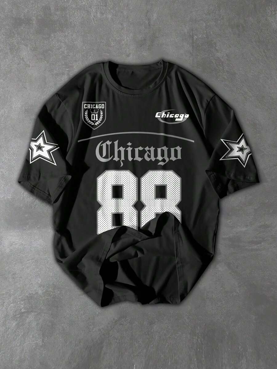 PAVTROS Men's Summer Casual Letter & Number Print Round Neck Short Sleeve T-Shirt - Black - View 1