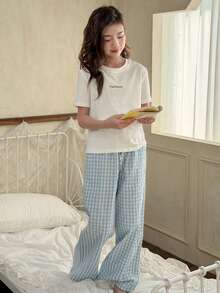DAZY Tween Girl Letter Print Round Neck Short Sleeve Top And Plaid Print Pants Pajama Set - Blue - View 2