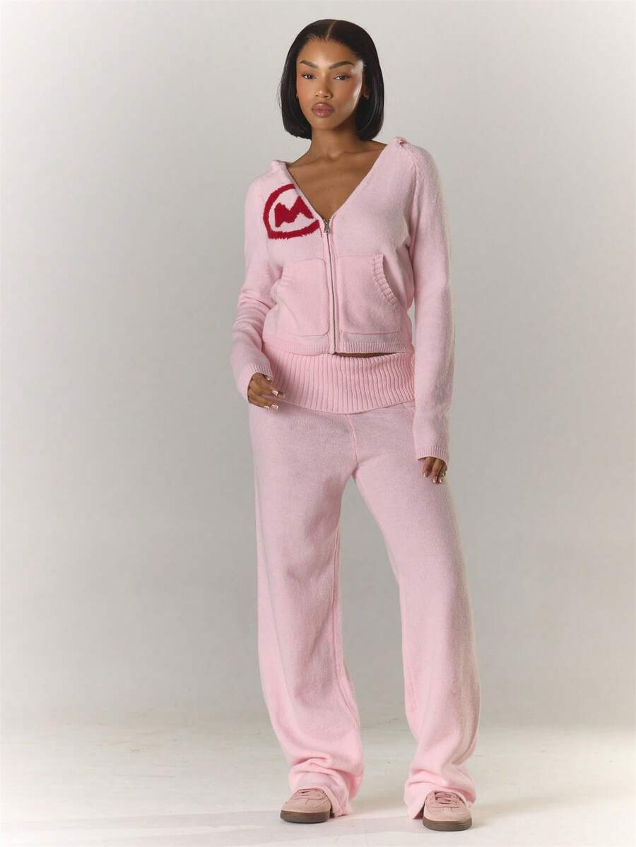 MUSERA V领拉链连帽修身马海毛针织套头衫（仅上衣）冬季酷女孩舒适可爱户外探险情人节 - 粉色 - 查看 1
