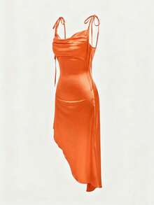 GlowEve 新款缎面光泽蝴蝶结腰部不对称下摆女式连衣裙 - 橘色 - 查看 7