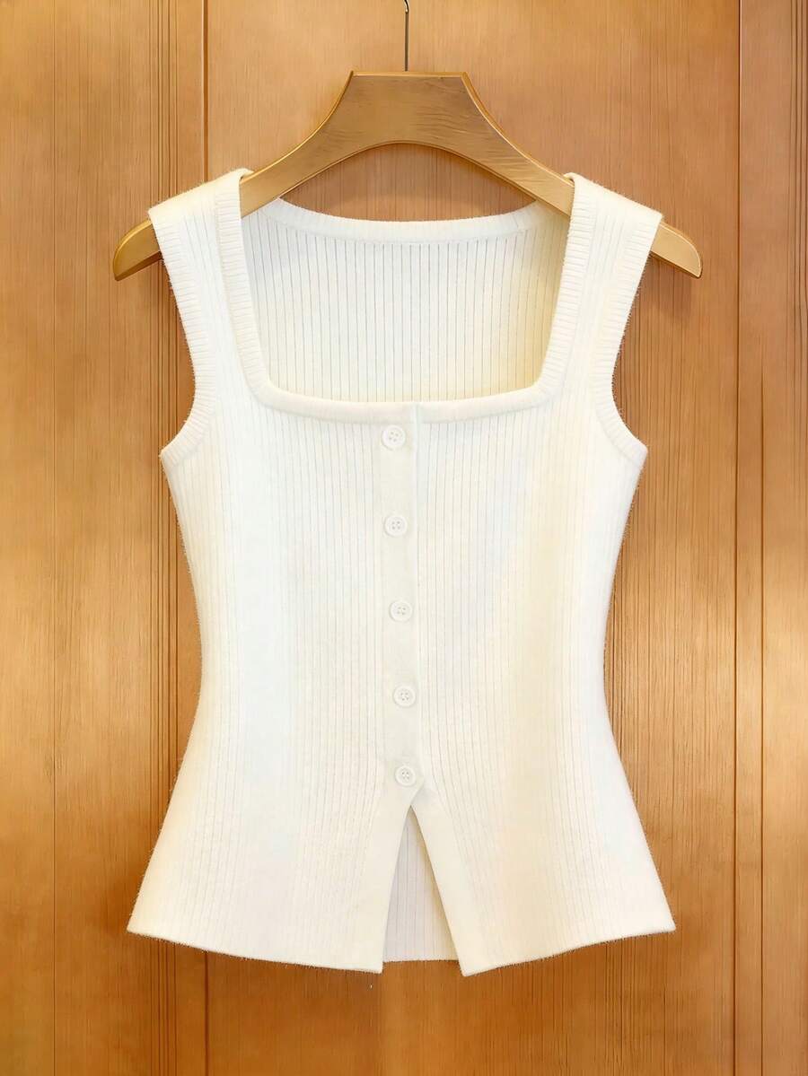 Franclia New Summer Sexy Minimalist Waist Cinching Fitted Square Neck High-End Chic Retro French Casual Daily Commute Style Women Cardigan, Relaxed Atmosphere, Soft Korean Gentle Vibe, Casual Holiday - White - View 1