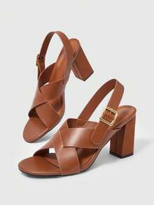 Sleekvia 新款棕色圆头粗跟露趾时尚爆款木纹交叉绑带女式高跟凉鞋 - 棕色 - 查看 4