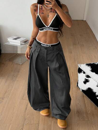 Coolane Women's Spring/Summer Streetwear Vintage Casual Daily Wear Homecoming Striped Pleated Wide Leg Loose Pants In Dark Grey Woven Stripe