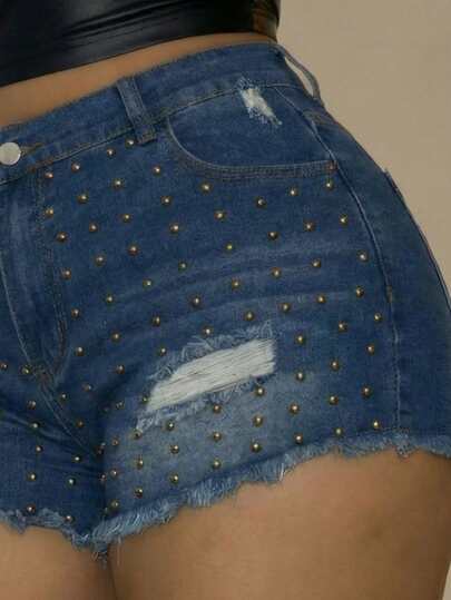 Slaydiva Summer Plus Size Women Rivet Decor Pocket Distressed Casual Denim Shorts Party Casual Summer Vacation Outfits For Women Denim Shorts