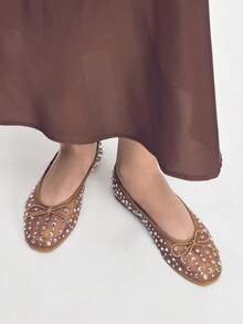 Mnmlis Zapatos planos casuales cómodos y versátiles con decoración de mariposa de strass - Marrón - Ver 9