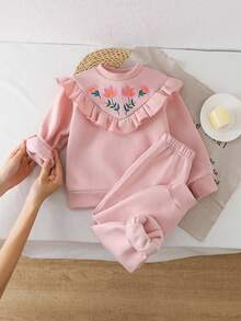 2 件套年轻女孩和幼儿女孩休闲荷叶边刺绣套头衫上衣 + 裤子套装，适合搭配各种夹克、棉质外套，适合日常穿着 - 粉色 - 查看 7