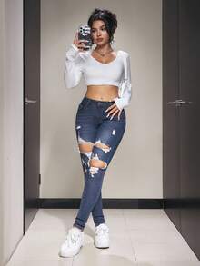 Flexra Women's Ripped Casual Grunge Denim Jeans Night Out Navy Blue And White Summer - Dark Wash - View 5