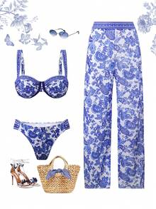 Swim Oasis 3件套女士复古比基尼套装，吊带比基尼上衣+长裤，中国风复古度假泳装套装 - 藍白色 - 查看 2