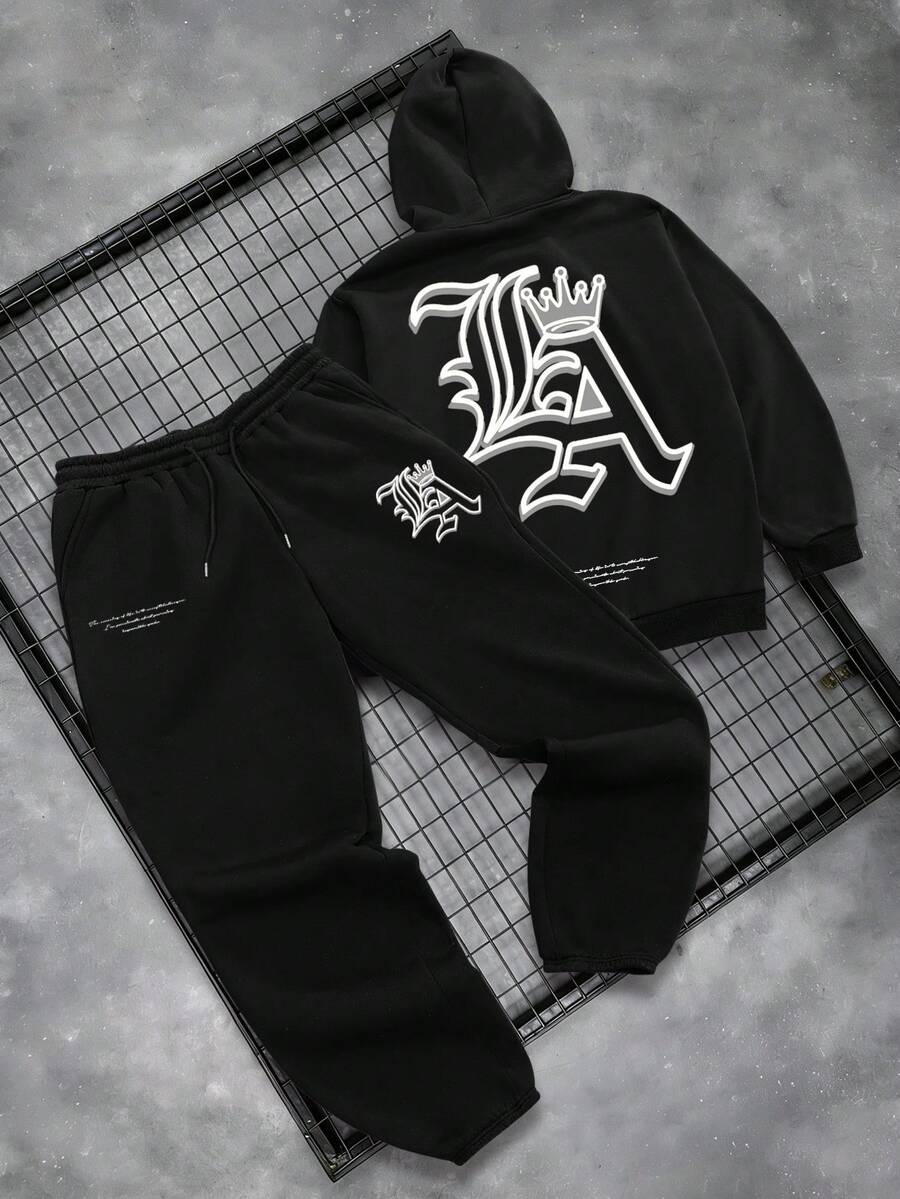 Manfinity LEGND Men's Black Hoodie Set With LA + Crown Print, Los Angeles Text Graphics, Drawstring Waist Sports Pants, Casual Street Style - Black - View 1