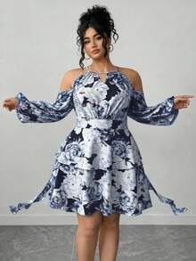 SHEIN Elenzya 大码女式露肩印花钥匙孔领灯笼袖连衣裙 - 彩色 - 查看 4