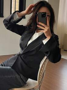 DAZY 女士纯色平领休闲百搭通勤办公薄款西装外套 - 黑色 - 查看 7
