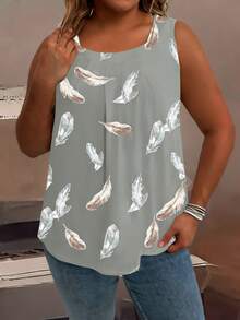 大码女式羽毛印花圆领褶皱宽松背心，夏季图案T恤，女式上衣 - 彩色 - 查看 3