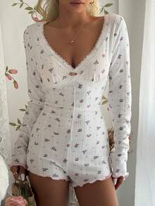 SHEIN Women's Long Sleeve Floral Print Contrast Lace Trim Fitted Jumpsuit Pajamas - White - View 3
