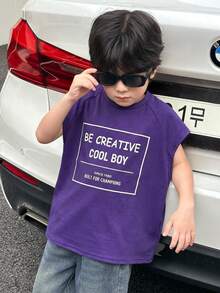 SHEIN Little Byeori 男童舒适字母拼接休闲背心，适合户外活动、学校、居家休闲和专业运动。 - 藏蓝色 - 查看 4