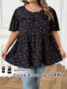 SHEIN CURVE+ 大码女式碎花圆领短袖休闲衬衫，夏季女装，度假女装，波西米亚风假日装，秋季女装，秋季服装，教师装 - 彩色 - 查看 8