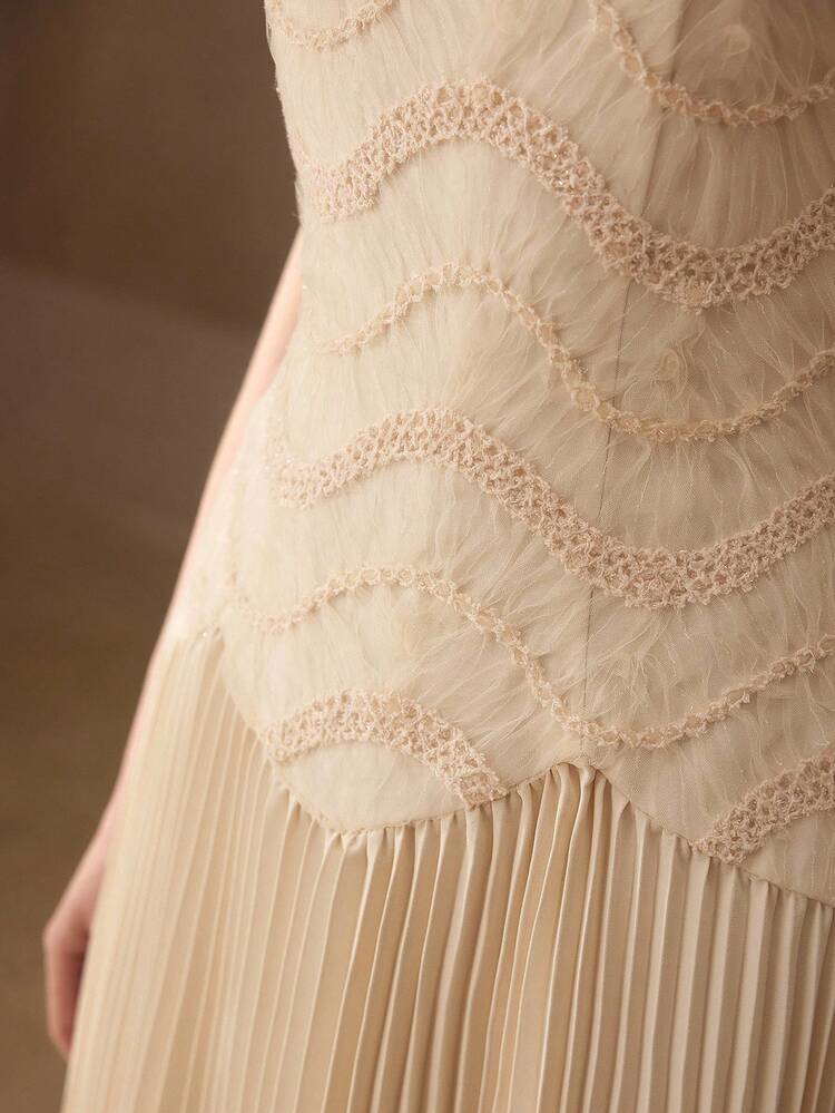 WOMEN'S SLEEVELESS A-LINE EMBROIDERED PATCHWORK PLEATED DRESS, SPRING/SUMMER