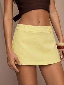 SHEIN BAE Pantalon-jupe casual polyvalent de couleur unie pour femmes - Jaune citron - Voir 3
