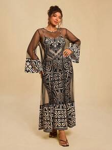 Travachic 大码女式非洲几何图案吊带针织连衣裙配网纱披肩两件套 - 黑與白 - 查看 5