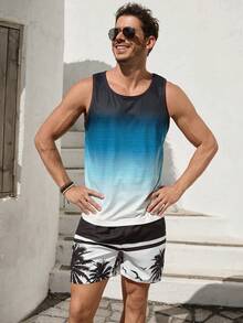 VIVINTIMO 男士條紋印花圓領休閑背心夏季，無袖圖形條紋藍色漸變背心適用於假期海灘 - 藍色 - 查看 3