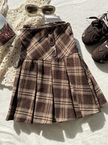 Comfortcana 大码女式休闲格子印花迷你百褶裙，春季/假日 - 棕色 - 查看 5