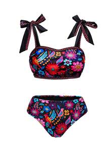 Swim Oasis Women's Summer Vacation Multicolor Floral Print Tied Crop Top, Bikini Shorts 3-Piece Swimwear Set, Beach Outfit - Multicolor - View 3