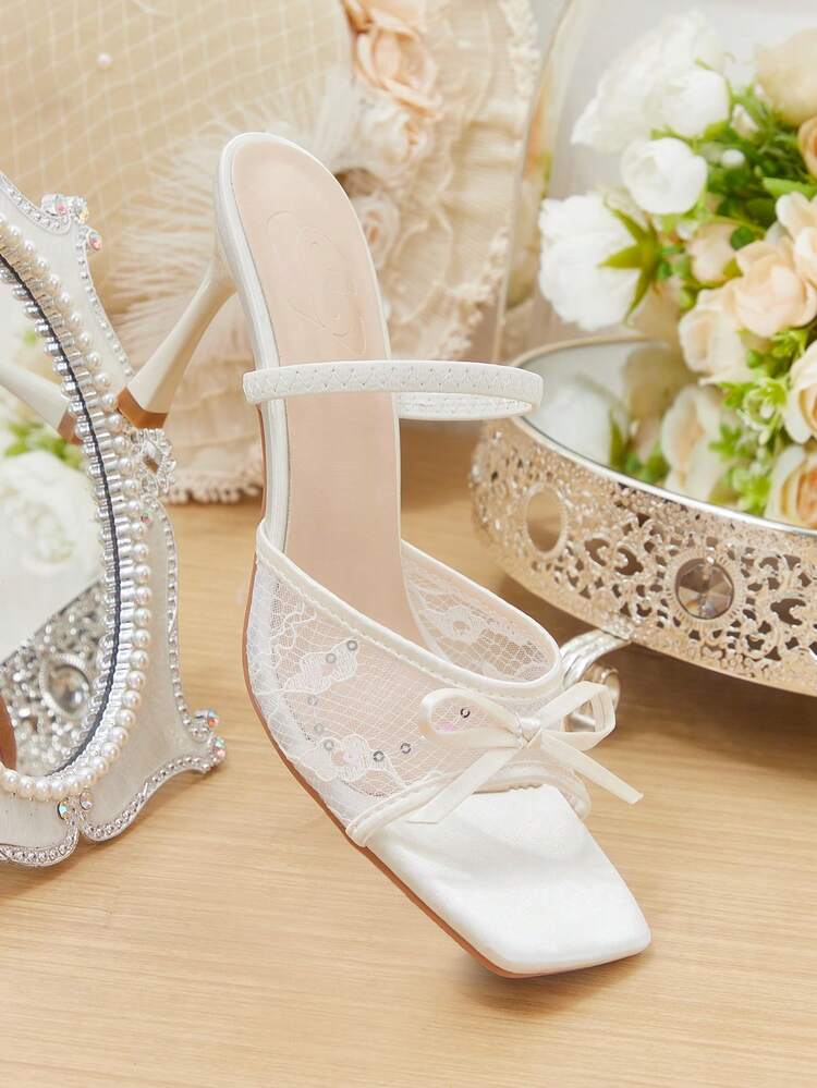 CUCCOO CHICEST Women's Elegant Romantic Sexy White Satin Lace High Heel Sandals With Bow Tie Mesh, Suitable For Wedding, Party, Valentine's Day Elegant Shoes