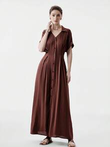 Aalyst 女士优雅褶皱亚麻连衣裙，舒适百搭，适合度假、休闲或办公穿着。 - 棕色 - 查看 4