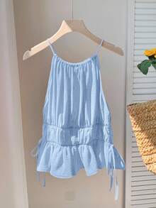 Comfortcana Light Blue Ruched Side Tie Ruffle Hem Camisole - Baby Blue - View 3