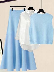 SHEIN LUNE 秋冬新款宽松百搭3D立体花卉圆领无袖针织背心搭配A字针织中长裙女装两件套 - 淺藍色 - 查看 3
