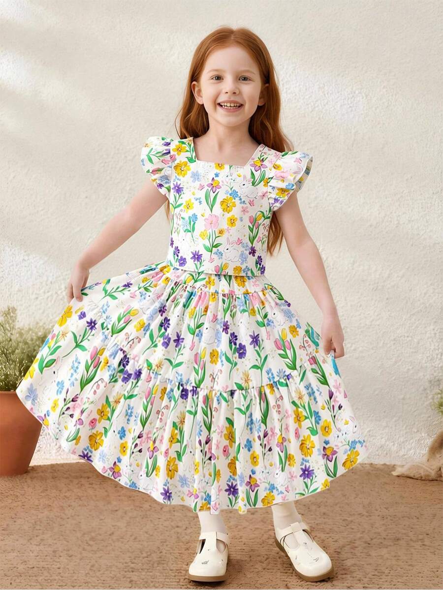 年轻女孩夏季度假风格花卉印花荷叶边袖孔上衣和分层裙子套装 - 彩色 - 查看 1