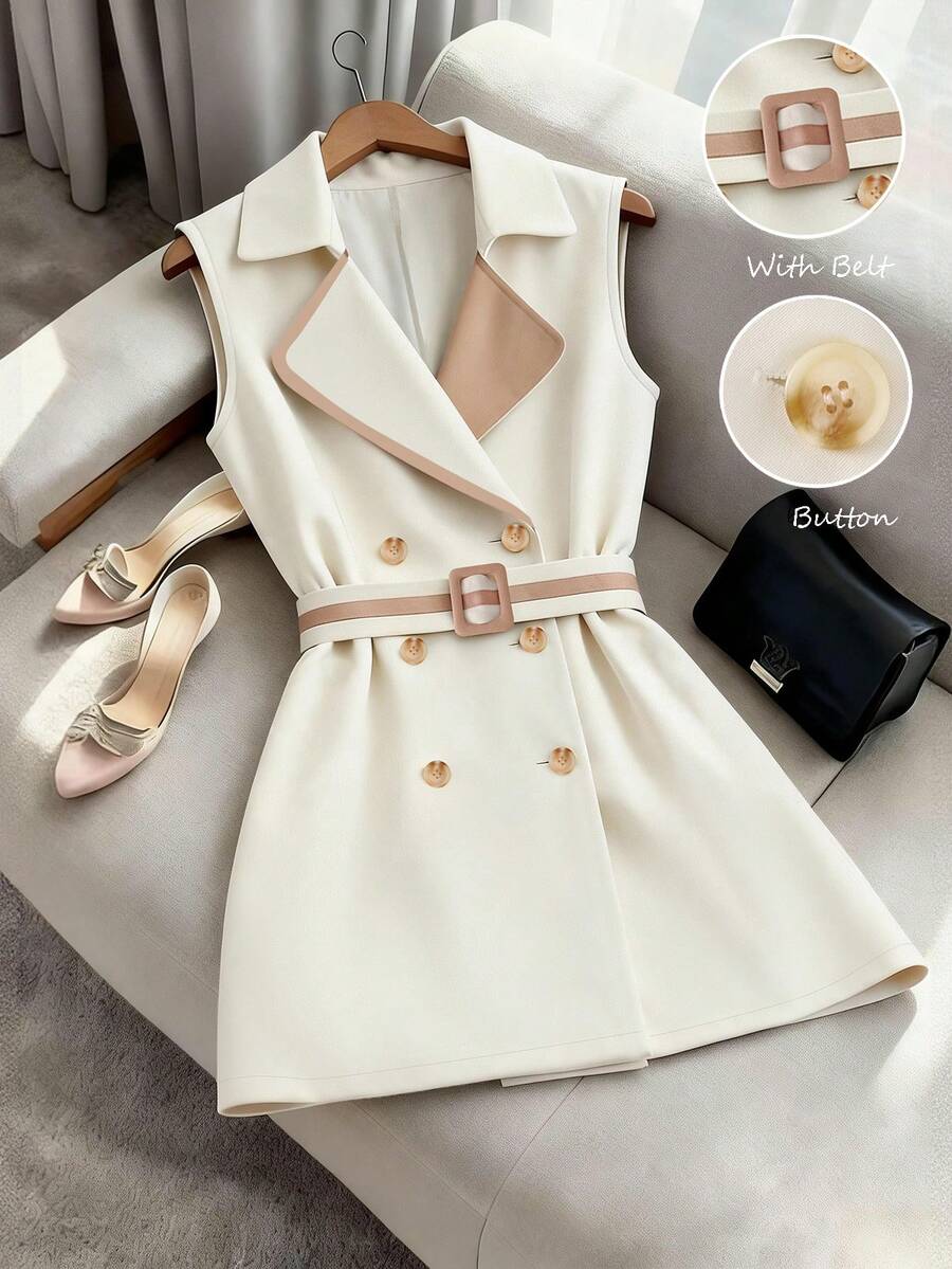GlowEve Women's Colorblock Blazer Collar Double-Breasted Design With Belt, Elegant For Daily Commute, Casual, Fashion, French Style, Versatile, Business, Cream White & Apricot Splice, Khaki, Sleeveless, Spring/Summer Trench Coat - Multicolor - View 1