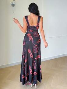 SHEIN Raffinéa Women's Black And Red Printed Deep V-Neck Slip Dress,Long Slit Fitted Summer Vacation Outfits,Elegant Party Night Wedding Guest Casual Dresses - Red and Black - View 3