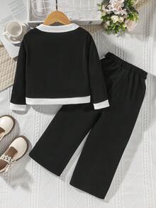 2pcs/Set Young Girl Contrast Binding Button Front Round Neck Long Sleeve Top And Pants Set - Black - View 2
