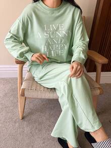 DAZY 2pcs Women Graphic Print Loose Fit Long Sleeve Sweatshirt And Straight Leg Pants Pajama Set, Autumn/Winter - Green - View 4