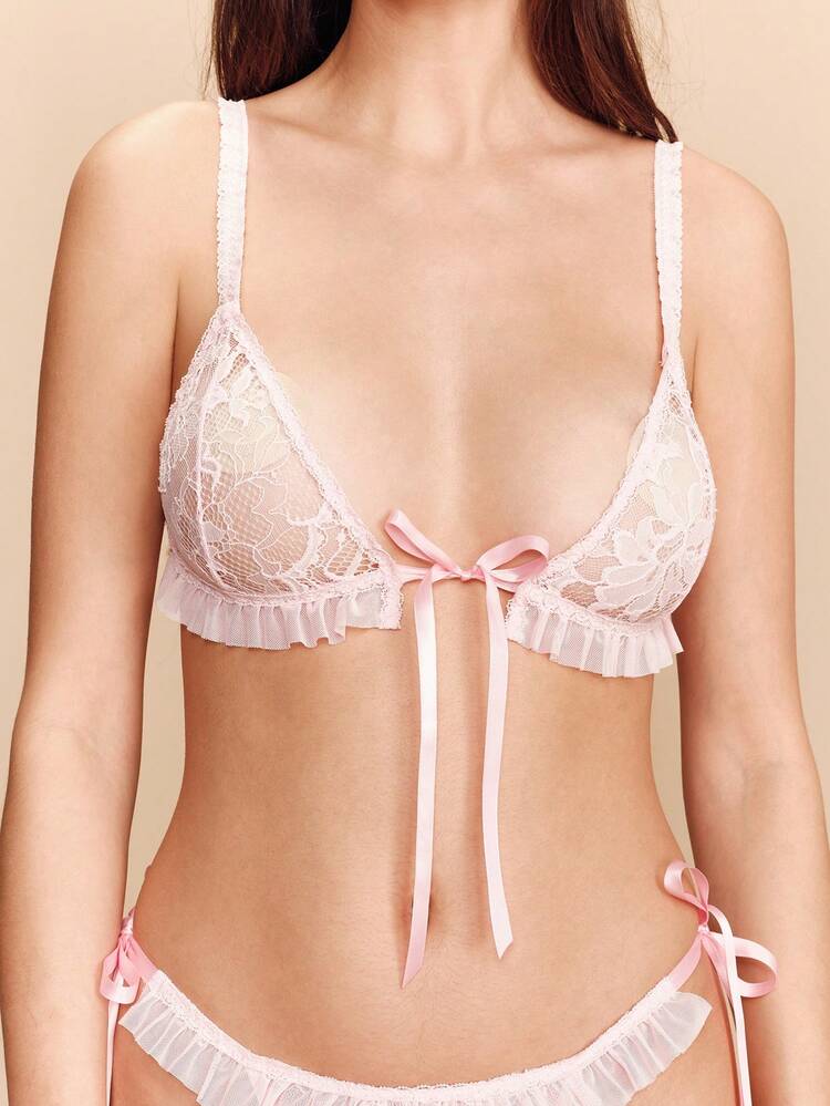 Pink Lace Lingerie Set Triangle Bra With Satin Bow Front Fasten And Matching Thong Cute Romantic French Valentines French Style Parisian Style Lingerie Triangle Lingerie Cute Bras Cute Lingerie Sets