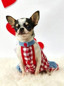 PETSIN Red & White Gingham Pet Dress With 'Heart Patch - Bow Collar & Ruffled Hem Dog Outfit, Cute Casual Summer Dress For Small Dogs & Cats - pink and blue - View 4