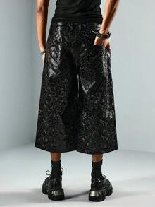 ROMWE MEN Street Life 男士PU纹理阔腿宽松休闲短裤 - 黑色 - 查看 6