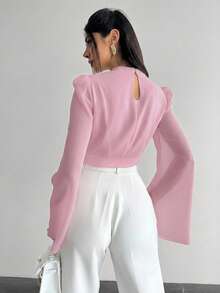 Firerie Women's Elegant Minimalist Delicate Romantic Vacation & Commute Chiffon Draped Flare White Blouse,Summer Top - Dusty Pink - View 2