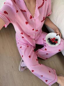 SHEIN Napfluff Sweet Heart Striped Short Sleeve Pajama Set - Pink - View 6