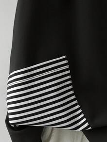 Linhara Plus Size Women's Summer New Striped Contrast Color T-Shirt Blouse, Round Neck Pullover Short Sleeve Shirt, Irregular Color Block Patchwork, AB Pocket Decor, Casual Outdoor Simple Wear Top, Home Wear Top - Black and White - View 5