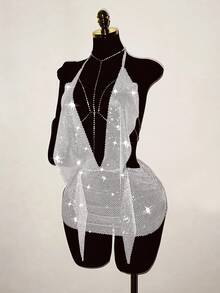 EgrlEra Petite Đầm lưới đính đá lấp lánh dành cho nữ, kiểu dáng gợi cảm, xuyên thấu, thích hợp cho trang phục dự tiệc ngày lễ. - Màu Xám nhạt - Xem 3