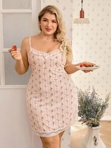 CottageSlumber Plus Size Romantic Floral Lace Trim Spaghetti Strap Nightgown, Elegant French Style - Multicolor - View 2