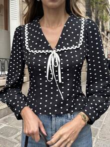 Easura 大码女装春夏法式优雅简约设计蕾丝拼接V领长袖蝴蝶结装饰休闲波点衬衫 - 黑色 - 查看 5
