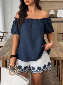 Weeklong Plus Size Women Spring/Summer Matching Contrast Color Eyelet Embroidery Casual/Work Suit Set - Multicolor - View 4