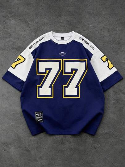 Aesthetic Post 男士休闲复古撞色77图案圆领短袖T恤