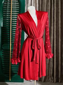 SHEIN 女士性感心形网纱袖系腰睡袍 - 紅色 - 查看 7