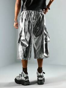 ROMWE MEN Street Life Men's Fashionable Shiny Silver 7-Inch Cargo Shorts, Summer - Silver - View 3