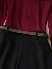 Franclia 休闲百搭通勤黑色圆领长袖上衣搭配卡其色短裤/半裙（含腰带），女士两件套，春秋季 - 黑色 - 查看 5